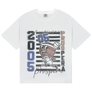 T-shirt blanc pour homme à col rond et manches courtes, imprimé de dessins animés de basket-ball, coupe classique, décontracté, tissu jersey 100% coton - Product Image 1
