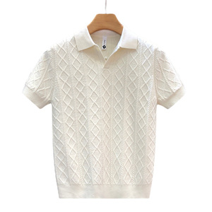 Chemise décontractée tricotée unie à manches courtes pour <span class=keywords><strong>homme</strong></span>, col en V, col à revers, maille torsadée, polyester, tailles européennes et grandes tailles, best-seller transfrontalier - Product Image 5