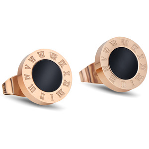 Gold Steel <b>Stud</b> <b>Earrings</b> 10mm Round Pearl Inlay Roman Numerals Bezel Setting For Women Fashion Jewelry - Product Image 5
