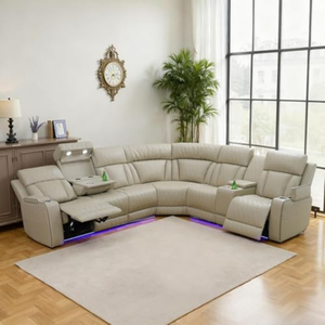 Sofá Seccional Reclinable de Cuero con Movimiento Eléctrico, Asientos para Cine en Casa, Consola de Alimentación Inalámbrica USB para el Hogar - Product Image 1
