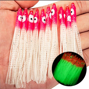 Señuelos blandos de <span class=keywords><strong>pulpo</strong></span> de 8 cm, faldas de calamar de PVC, señuelos de arrastre, 10 unidades/bolsa, faldas luminosas artificiales para pesca en agua salada - Product Image 1