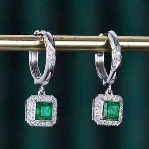18K White Gold Square Cut Natural Emerald Drop <b>Earrings</b> Twisted Diamond Hoop <b>Halo</b> Fine Women Gemstone Jewellery - Product Image 4