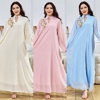 Robe longue Abaya Maxi de style ethnique moyen-oriental pour femmes, en polyester, avec col perlé, ourlet large à motifs floraux, tenue de soirée formelle et modeste