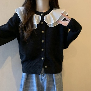 Maglione lavorato a <span class=keywords><strong>maglia</strong></span> <span class=keywords><strong>in</strong></span> tinta unita da donna con Design a balze all'ingrosso <span class=keywords><strong>in</strong></span> pizzo Chiffon con colletto arricciato Cardigan con bottone invernale - Product Image 1