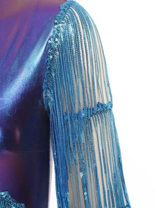 Justaucorps de danse latine à manches longues, col en V profond, franges métalliques et strass, pour la salsa, le tango, la samba, la compétition et la performance - Product Image 5