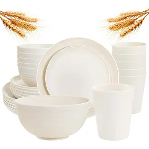 24PCS Kids Adults Safe Material BPA Free Unbreakable Dishes Wheat Straw Dinnerware Sets For Camping And Dorm