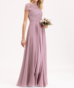 패션 보트 목 짧은 소매 레이스 무도회 하이 웨이스트 다시 중공 쉬폰 가운 맥시 긴 이브닝 여성 웨딩 원피스 - Product Image 3