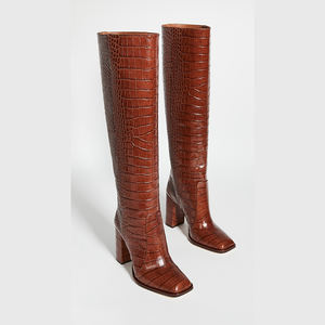 גבירותיי אתחול הברך גבוהה שמלת נעלי עור אמיתי בלוק העקב מגפיים - Product Image 1