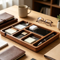 Plateau de rangement de bureau en bois rectangulaire personnalisé avec compartiments, adapté pour ranger téléphone portable, montre, lunettes, stylo