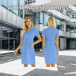 Robe médicale bleue pour femmes, col en V, avec poches et ceinture, uniforme d'hôpital, tissu en coton et polyester - Product Image 2