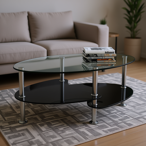 Table basse moderne en verre trempé noir ovale, meuble de salon, design avec structure en métal - Product Image 2