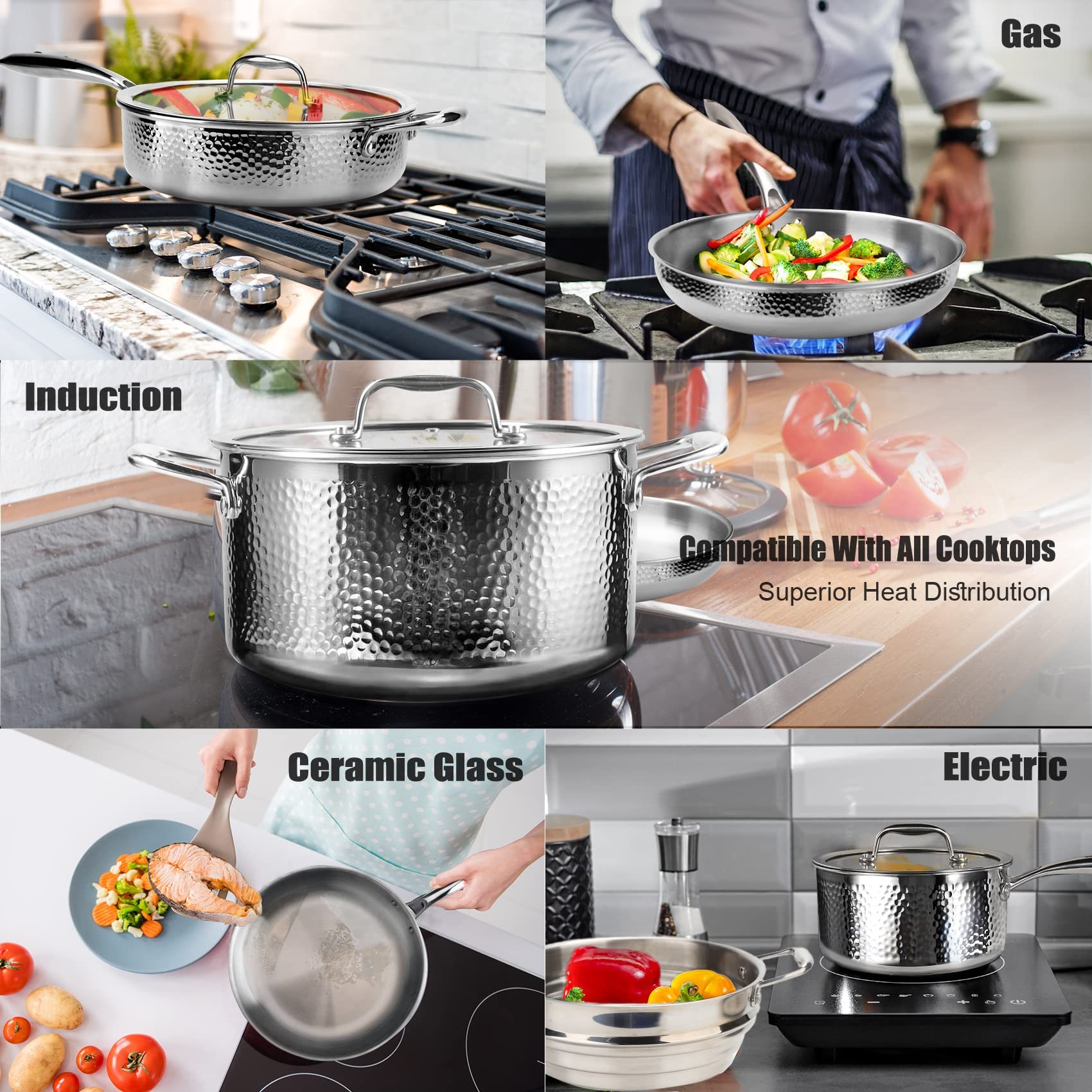 New Design 14-Piece Modern Hammer Pattern Triply Stainless Steel Eco-Friendly Durable Healthy Pots and Pans for Cooking · image 6