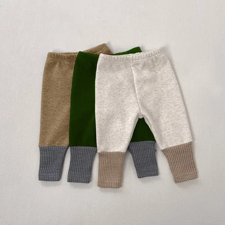 Custom Fleece Lined Colorblock Newborn Baby Leggings Elastic Waist Baby Knitted Pants Leggings Footless Tights Infant Sleepwear