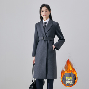 <b>Black</b> Women's Wool Blend <b>Overcoat</b> Long Fitted Waist Thickened Warm Autumn Winter Workwear Professional Coat With Pocket - Product Image 2