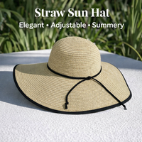 Chapeau souple d'été ZG pour femme, respirant, pliable, avec décor en corde de coton, large bord, en paille, protection UV pour l'extérieur