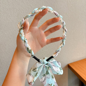 Serre-tête tressé en ruban <span class=keywords><strong>pour</strong></span> enfants – Foulard à cheveux en perles rayées et fleurs <span class=keywords><strong>pour</strong></span> femmes, idéal <span class=keywords><strong>pour</strong></span> les coiffures tressées. - Product Image 1