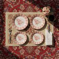 Service de table élégant en porcelaine rose poudré à motifs floraux - Assiettes en céramique fine à bordure rayée romantique pour mariage