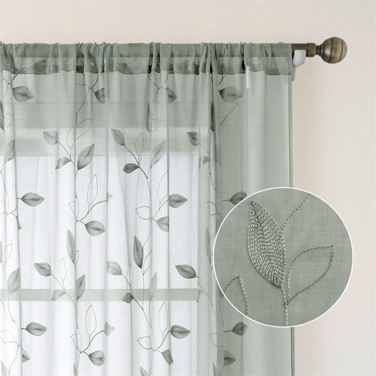 Rideaux Transparents Vert Sauge OVZME - Lot De 2, 106.7x137.2 Cm, Motif Feuilles Jacquard