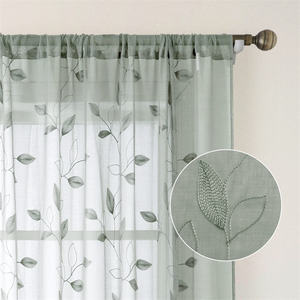 Rideaux en voile semi-transparent en lin synthétique à motif de feuilles brodées <span class=keywords><strong>vert</strong></span> <span class=keywords><strong>sauge</strong></span> pour chambre à coucher chambre d'enfant - Product Image 2