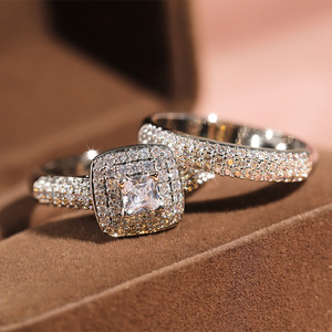 Micro Pave Full Stone Princess Cut <b>Ring</b> Set Luxury European American Engagement <b>Couple</b> <b>Rings</b> Women Fashion Jewelry - Product Image 3