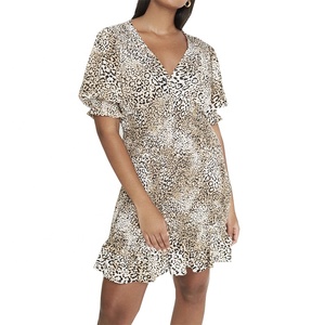 <span class=keywords><strong>Abbigliamento</strong></span> personalizzato stampa del leopardo scollo a v maniche corte donna casual vestiti alla moda disegni - Product Image 1