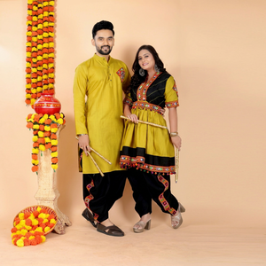 Yellow Couple Embroidered <b>Kurta</b> & Lehenga Choli Set Cotton Indian Pakistani Clothing with Dupatta Festival Wear for Women - Product Image 1
