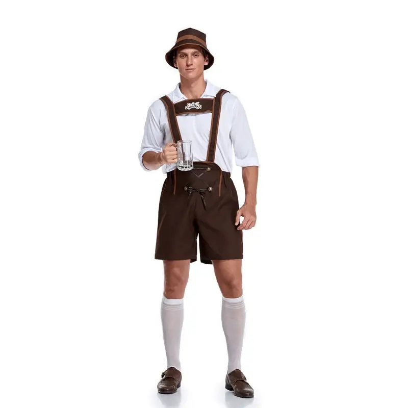 Kostum Cosplay bir pria Oktoberfest dengan topi Oktoberfest pakaian pelayan Jerman 3 potong Set setelan pertunjukan pesta