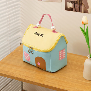 Trousse de Maquillage Mignonne Mini Maison Grande Capacité Compartimentée Sac de Voyage pour Femmes Bleu Café Violet Color Block - Product Image 6