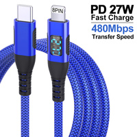 Kabel Pengisi Daya LED Digital Layar 27W PD Terlaris dengan Garansi 12 Bulan, Kabel Tipe C ke 8pin Berbahan Nilon Kepang