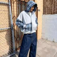 Fabricants de vêtements – Nouveaux sweats à capuche oversize et amples en tissu scuba, avec patchwork à carreaux et blocs de couleur, zippés, pour hommes