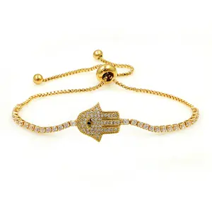 Gold Plated Hamsa Hand Jewelry Cubic Zirconia CZ Good Luck Adjustable Bracelets