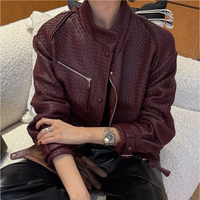 Blouson Bomber Femme Vintage Automne en Cuir Véritable à Carreaux, Ourlet Côtelé, Tissé à la Main, Style Décontracté