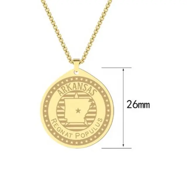Yiwu Aceon Stainless Steel Etch Engraved Disc Star Around Edge Center State Shape Carved American Arkansas Pendant