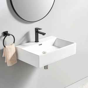 Lavabo rectangulaire en céramique suspendu pour salle de bain, vasque murale - Product Image 4