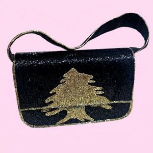 Sac à main rectangulaire noir fait main avec broderie de cèdre doré, artisanat textile en fil de coton - Product Image 1