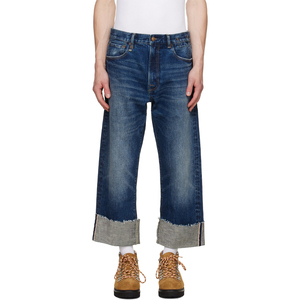Custom High Quality Zip fly Straight Leg <b>Stretch</b> Selvedge Denim Jeans Raw Edge Blue Cuffed Boyfriend Jeans for <b>Men</b> - Product Image 1
