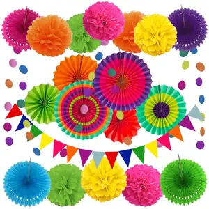 Fiesta Papierventilator Party-Dekorationen-Set Pom Poms Penner Girlande String-Banner hängende Wirbel Dekozubehör