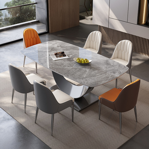 Tavolo da Pranzo Rettangolare Contemporaneo con Piano in Pietra Naturale e Base in Metallo Verniciato a Polvere per Case Moderne - Product Image 6