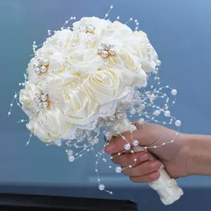 LF117 Spot Pearl Ribbon Rose Bridal Hand Flowers strass Bridal Hand Flowers regali di nozze forniture di nozze