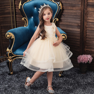 Robe en tulle champagne pour filles, col rond, coupe trapèze, sans manches, costume de demoiselle d'honneur, robe de soirée pour spectacle - Product Image 1