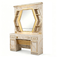 Table de toilette de style moderne avec miroir hexagonal LED, finitions dorées et espace de rangement