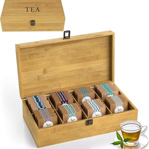 Caja de almacenamiento de té de bambú con compartimentos, organizador con tapa abatible para bolsitas de té, uso en la oficina - Product Image 2