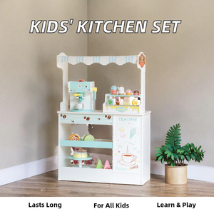 子供用木製キッチンセット プレイハウス シミュレーション コーヒーメーカーとアイスクリーム屋台ボックス付き 子供の遊び時間に - Product Image 3