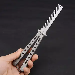 Foldable Comb Stainless Steel Practice Training Butterfly Knife Comb Beard Moustache Brush Salon Hairdressing Hair Styling Tool