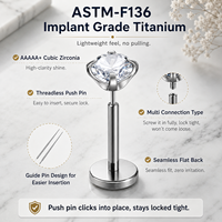 Aopo ASTM F136 Titane de qualité implantable, Stud labret sans filetage à tige plate, avec Zircon cubique en forme de cœur, pour piercing lèvre, hélix, conque, 16G