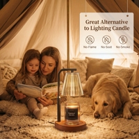 Lampe chauffe-cire sans fumée ni flamme, réglable en hauteur, avec bras en métal noir et verre côtelé, base incurvée en bois de noyer antidérapante