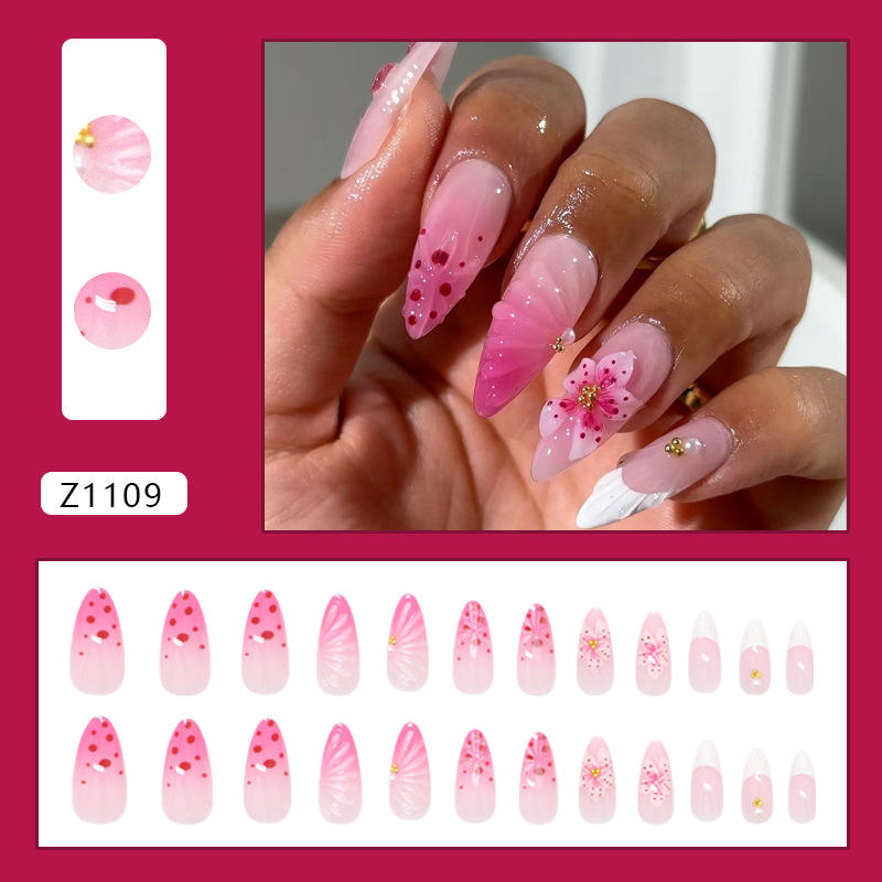 24pc Luxury Almond False Nails Set 3D Lily Ice Flower Design ABS Plastic DIY Salon Press on Nails