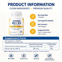 NUTRTECH Vitamine D3 K2 120 Capsules molles Sans gluten Sans soja Soutien osseux et immunitaire pour adultes HACCP Halal Direct usine