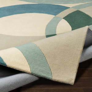 Tapis élégant en laine de Nouvelle-Zélande tufté à la main avec un motif circulaire croisé bleu sarcelle et beige pour salon, chambre et hôtels - Product Image 2