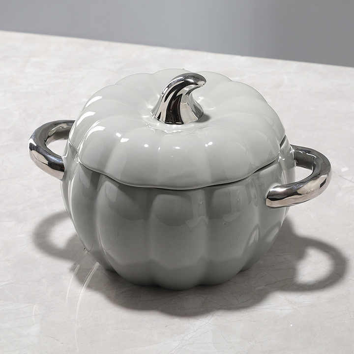 Double Ear Ceramic Pumpkin Dessert Bowl Home Kitchen Children's Steamed Egg Salad with Lid Ceramic Baking Bowls